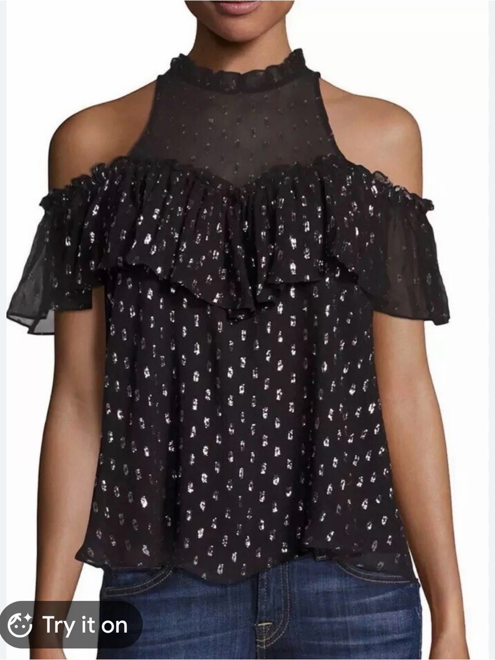Rebbeca Taylor Women’s Black Cold-Shoulder Ruffle Top